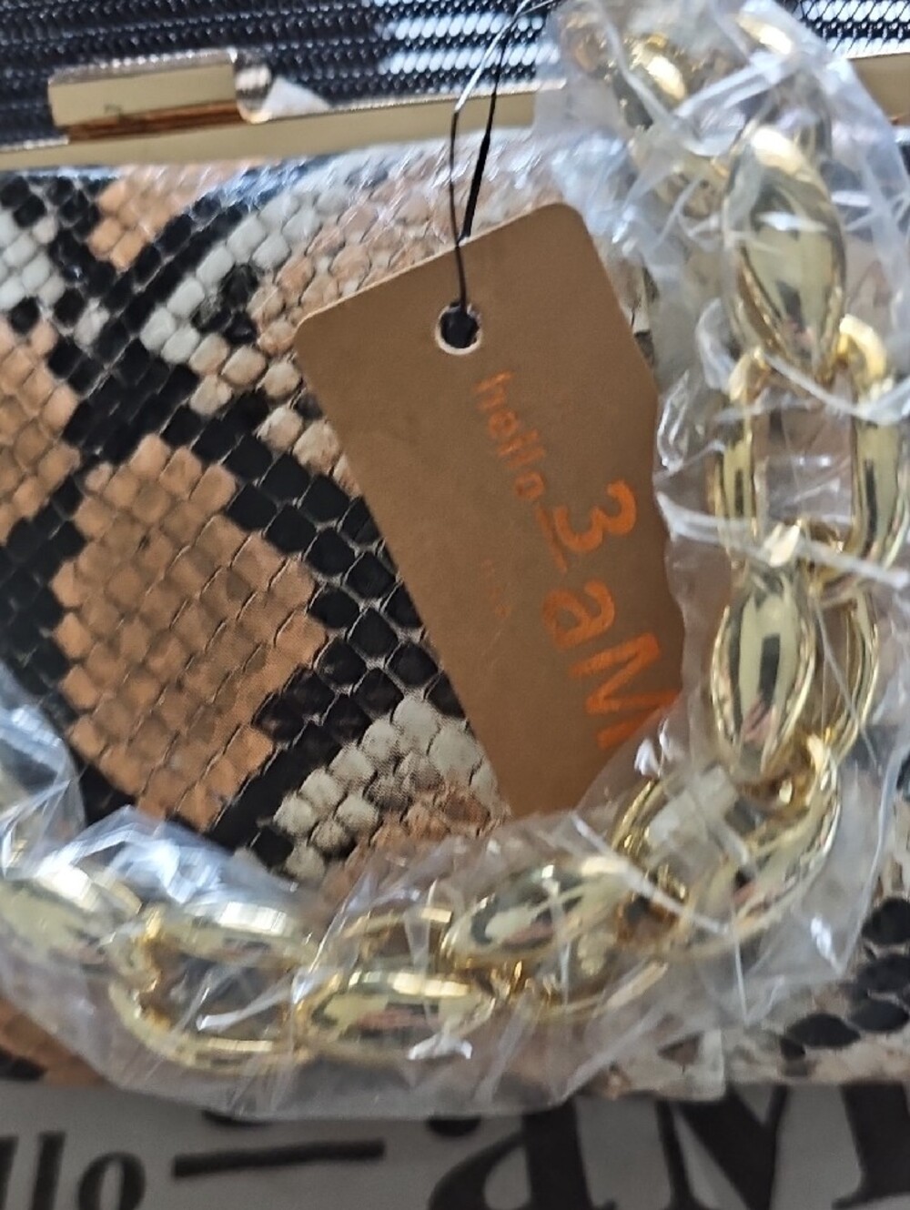 Python-Print Chain Handle Clutch – Tan/Black - Picture 2 of 6